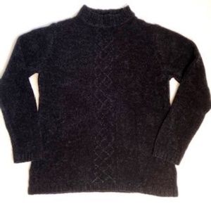 Sag Harbor Black Chenille, Mock Neck, Long Sleeve, Split Hemline Sweater